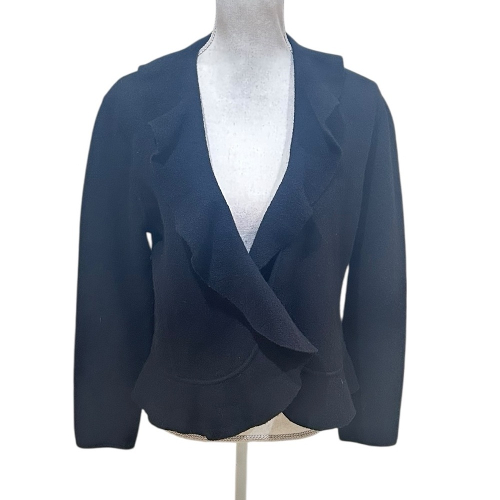 Jones New York Collection Knitwear black ruffle edge wool sweater jacket medium